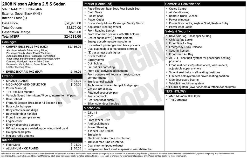2008 Nissan Altima 2.5 S 1 OWNER